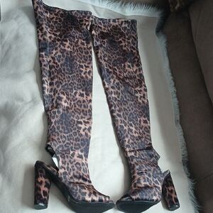 BAMBOO Leopard Print Over-the-Knee Peeptoe  Boots